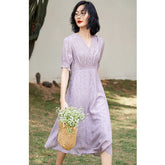 Womens Silk Midi Dress Smocked Waist Ruffled Sleeve Silk Dress